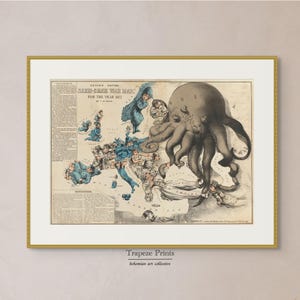 Op de afbeelding: Een vintage politieke cartoon die Europa afbeeldt als een kaart met een gigantische octopus die Rusland voorstelt, met zijn tentakels die verschillende landen bereiken. De cartoon is getiteld "Seco-Biddle War Map" en dateert uit 1857.