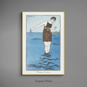 Vintage Beach Girl Art Deco Flapper Style Pobieralny wydruk artystyczny | Antyczny letni marynistyczny szkic morski oceaniczny cyfrowy do pobrania | 173