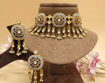 Meenakari Choker Necklace Set: Indian Kundan Jewelry
