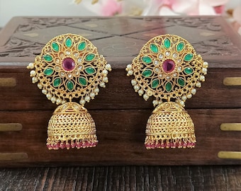 Indio CZ Jhumki/Polki Jhumki chapado en oro/Stone Jhumki/Joyería india/Punjabi/Pendiente nupcial/Pendientes de boda