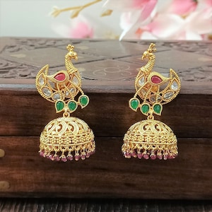 Vergoldete indische Jhumki Ohrringe: CZ Polki Brautschmuck