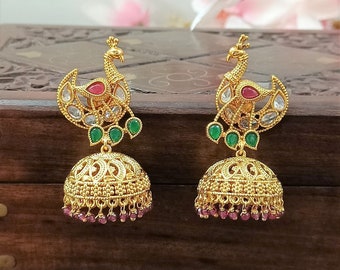 Gold Plated Indian Jhumki Earrings: CZ Polki Bridal Jewelry