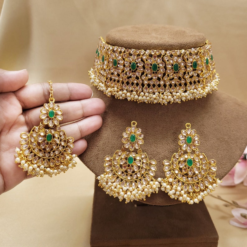 Kundan Choker Necklace Set with Earrings & Tikka, Indian Bridal, Gold Tone Traditional Jewelry Green