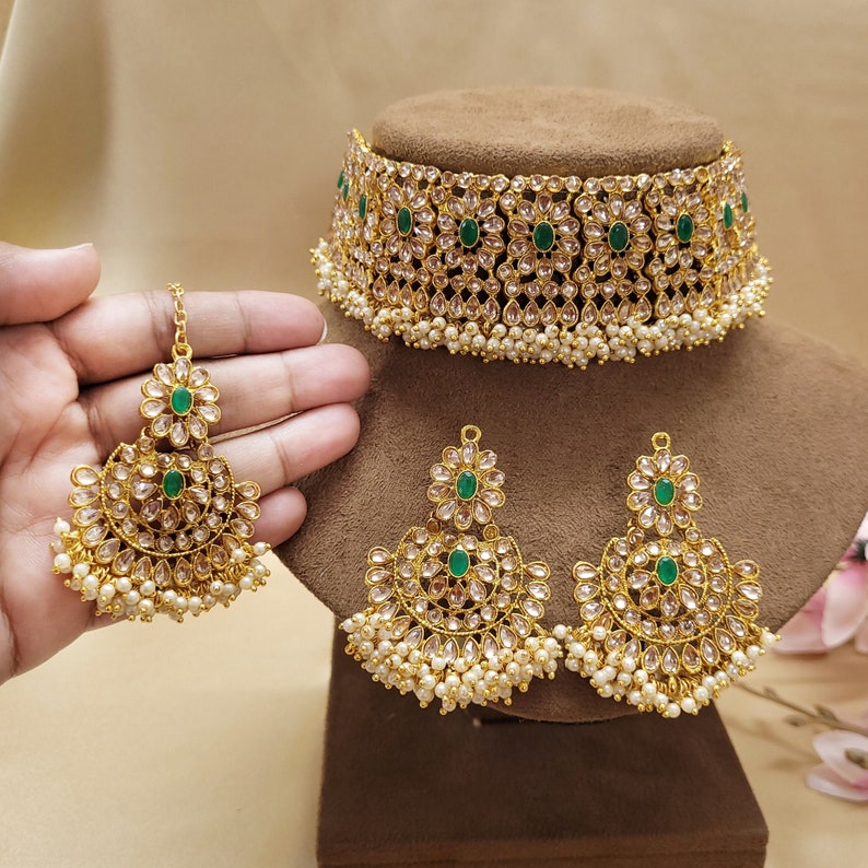 Kundan Choker Set/Indian Jewelry/Bridal Jewelry/Festive Necklace Set/Partywear Choker Set/Wedding Jewelry Set Green