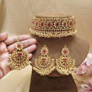 Kundan Choker Necklace Set with Earrings & Tikka, Indian Bridal, Gold Tone Traditional Jewelry Ruby