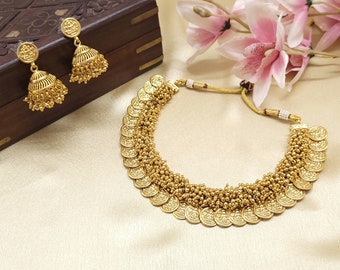 Indian Temple Jewelry Set/Jhumki Earrings Necklace Set/Cluster Necklace Set/Gold/Pearl Necklace Set