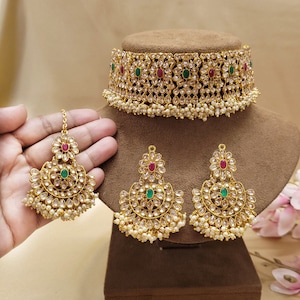 Kundan Choker Necklace Set with Earrings & Tikka, Indian Bridal, Gold Tone Traditional Jewelry Multi