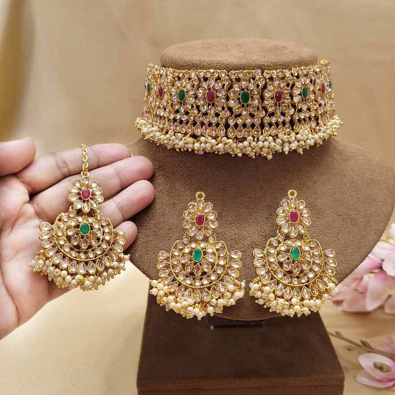 Kundan Choker Necklace Set with Earrings & Tikka, Indian Bridal, Gold Tone Traditional Jewelry Multi