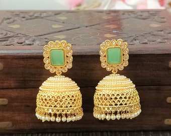 CZ indienne jhumki/polki jhumki plaqué or/pierre jhumki/bijoux indiens/pendjabi/boucle d'oreille de mariée/boucles d'oreilles de mariage