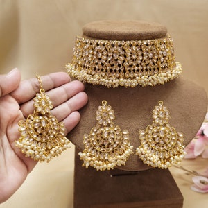 Kundan Choker Set/Indian Jewelry/Bridal Jewelry/Festive Necklace Set/Partywear Choker Set/Wedding Jewelry Set Gold