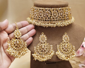 Kundan choker set/Indiase sieraden/bruids sieraden/feestelijke ketting set/Partywear choker set/bruiloft sieraden set