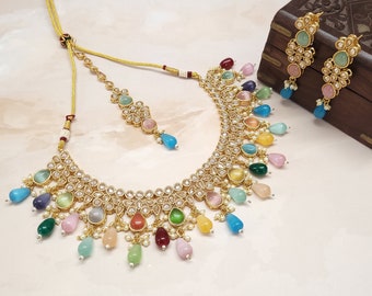 Parure de bijoux de mariée en perles de pierre CZ et Monalisa indiennes/Parure de bijoux de fête/Parure de bijoux multicolores/Ensemble de colliers pour tenues de soirée/Ensemble de colliers de mariage