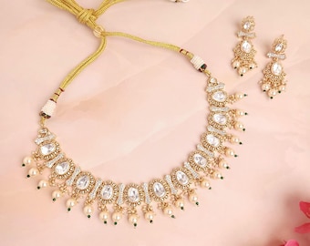 Conjunto de joyería india Kundan CZ: collar y pendientes Polki