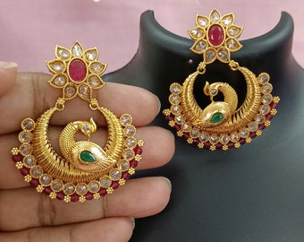 Pendiente indio CZ/Pendientes Polki chapados en oro/Pendientes de piedra/Joyería india/Punjabi/Pendiente nupcial/Pendientes de boda