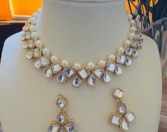 Kundan Pearl Necklace Set, Indian Bridal Jewelry Set, Gold Tone Necklace Earrings, Wedding Jewelry, Traditional Indian Jewelry