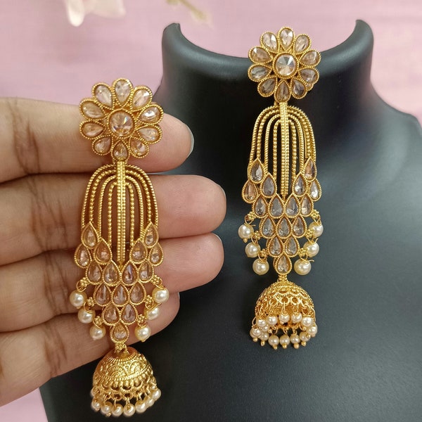 Indian CZ Jhumki/Gold Plated Polki Jhumki/Stone Jhumki/Indian Jewelry/Punjabi/Bridal Earring/Wedding Earrings