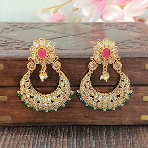 Indian CZ Earrings/Gold Plated Polki Earrings/Stone Earrings/Indian Jewelry/Punjabi/Bridal Earring/Wedding Earrings