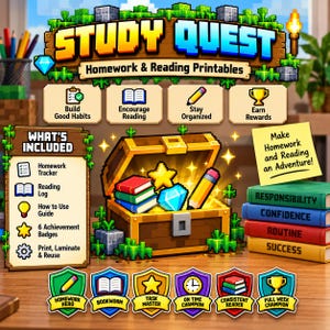 Pode incluir: Um gráfico digital intitulado Study Quest Homework & Reading Printables com um baú de tesouro de madeira cheio de livros, uma estrela, um diamante e um lápis. Inclui listas de itens, emblemas de conquista e texto motivacional.