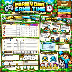 May include: A printable chore chart and reward tracker featuring a pixelated block-style theme. The document includes sections for earning minutes, a daily bank, game rules, and cut-out badges, all decorated with icons of swords, hearts, and gems.