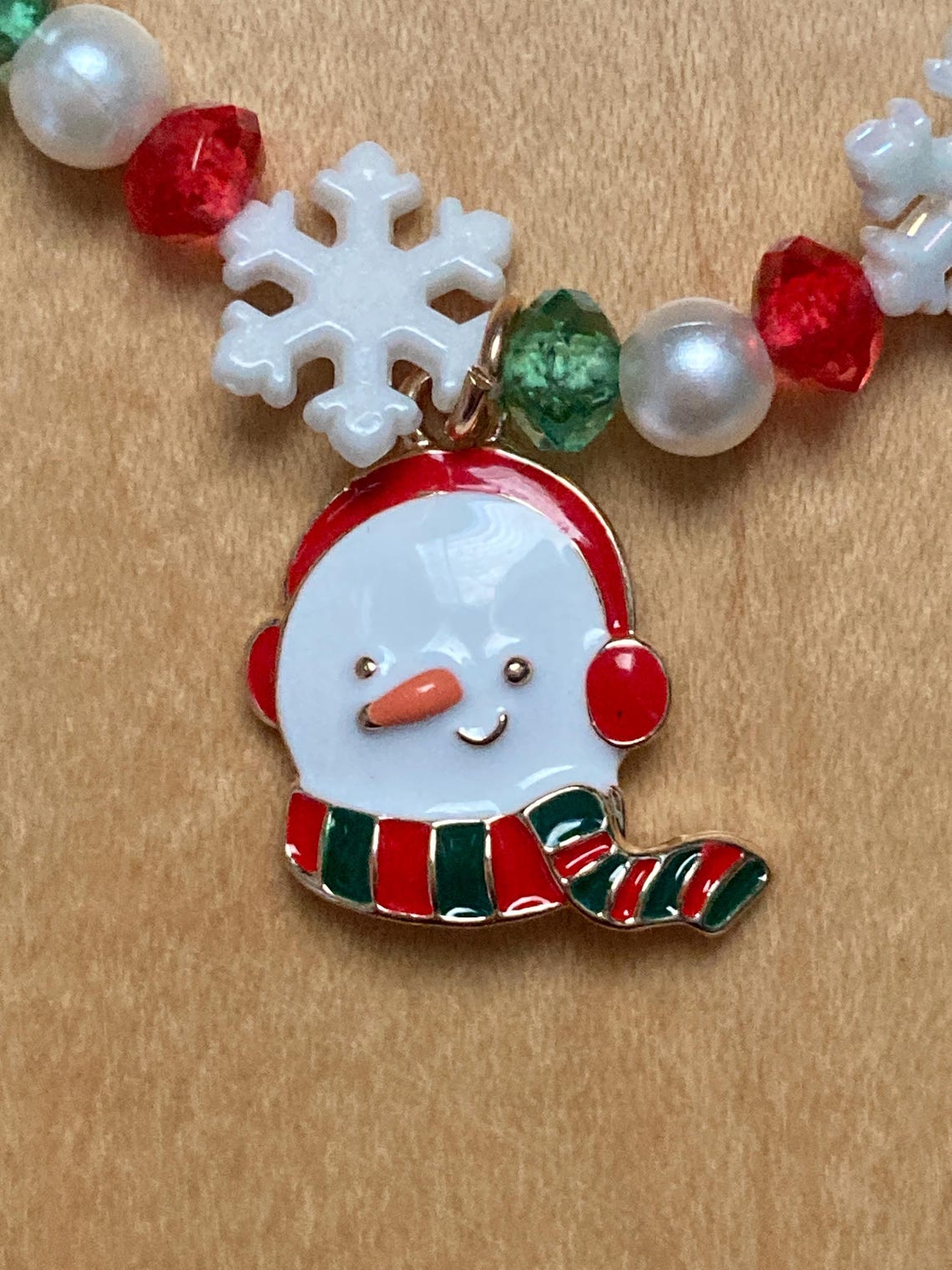 Snowman Bracelet Christmas Winter Snow Snowflakes Red Green Scarf White
