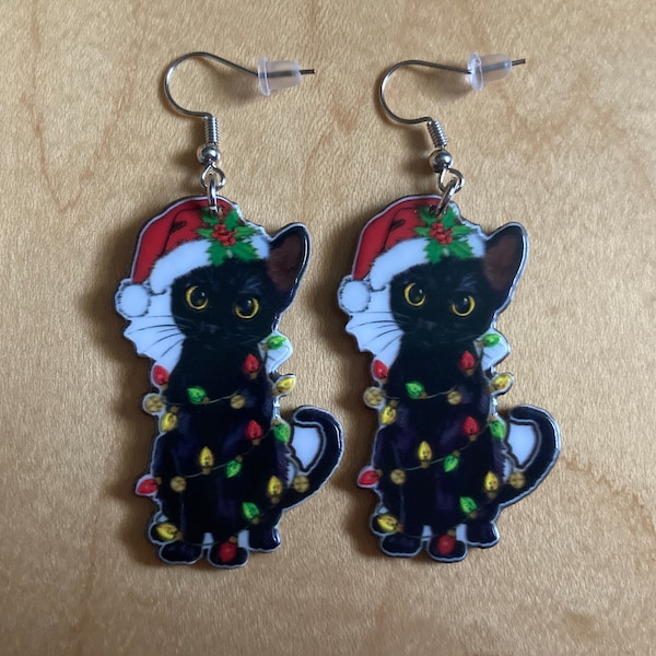 Black Cat Earrings Christmas Tree Santa Hat Lights Holly Green Red White Yellow Cute Kitty