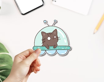 Cute UFO and Cat Vinyl Laptop Sticker | Waterproof Decal for Laptops, Water Bottles, Suitcases, and More