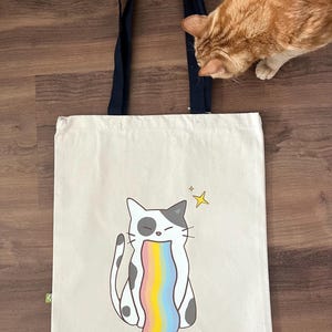 Rainbow Cat Organic Canvas Tote Bag, cotton tote, cat tote bag, cat lover gift, reusable bag, cute tote, rainbow cat tote, everyday bag