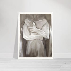 Romantic Abstract Couple Wall Art | Neutral Beige Oil Painting Print | Modern Bedroom & Living Room Decor | Emotional Artwork image 3