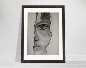 May include: A black and white drawing of a face, partially obscured by a crack, with a single eye visible.