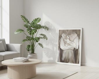 Romantic Abstract Couple Wall Art | Neutral Beige Oil Painting Print | Modern Bedroom & Living Room Decor | Emotional Artwork