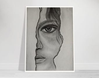May include: A black and white pencil drawing of a person's face, partially obscured by a crack in the surface. The eye is visible and the person appears to be looking directly at the viewer.