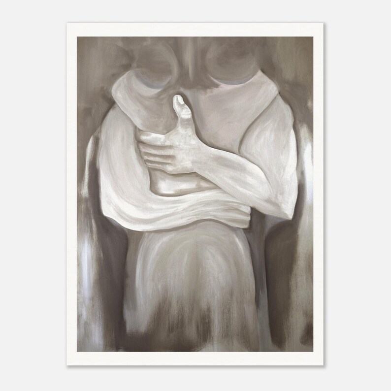 Romantic Abstract Couple Wall Art | Neutral Beige Oil Painting Print | Modern Bedroom & Living Room Decor | Emotional Artwork image 2