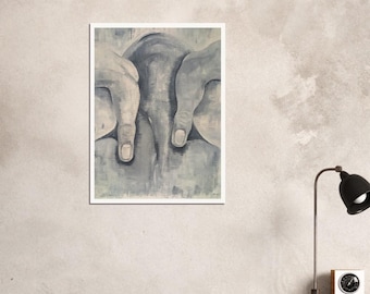 May include: A close-up of a painting depicting two hands pressing down on a fleshy, gray surface. The hands are painted in a light gray color, and the surface is painted in a darker gray color.
