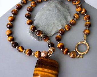 VTG Tigers Eye 14K Gold Filled Clasp & Pendant Necklace/Good Luck Necklace 22” Restrung Vintage Tigers Eye