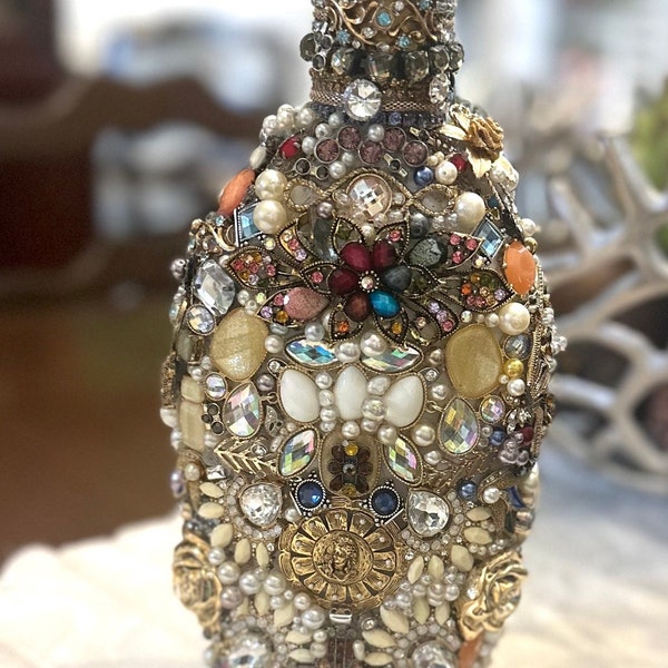 RARE One of A Kind Jeweled Rum Chata Liquor Bottle Covered Completely in Repurposed Vintage Crystal Rhinestone Jewelry Thousands of Pieces
