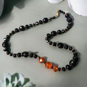 New Handcrafted Necklace with Genuine Crystals in Halloween Colors Black & Orange with 18kgp Barrel Clasp 18”