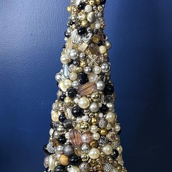 24” Jeweled Tree Gold Silver & Black Crystals Vintage and Repurposed Jewelry One of A Kind By Me  ~ Topiary/Christmas