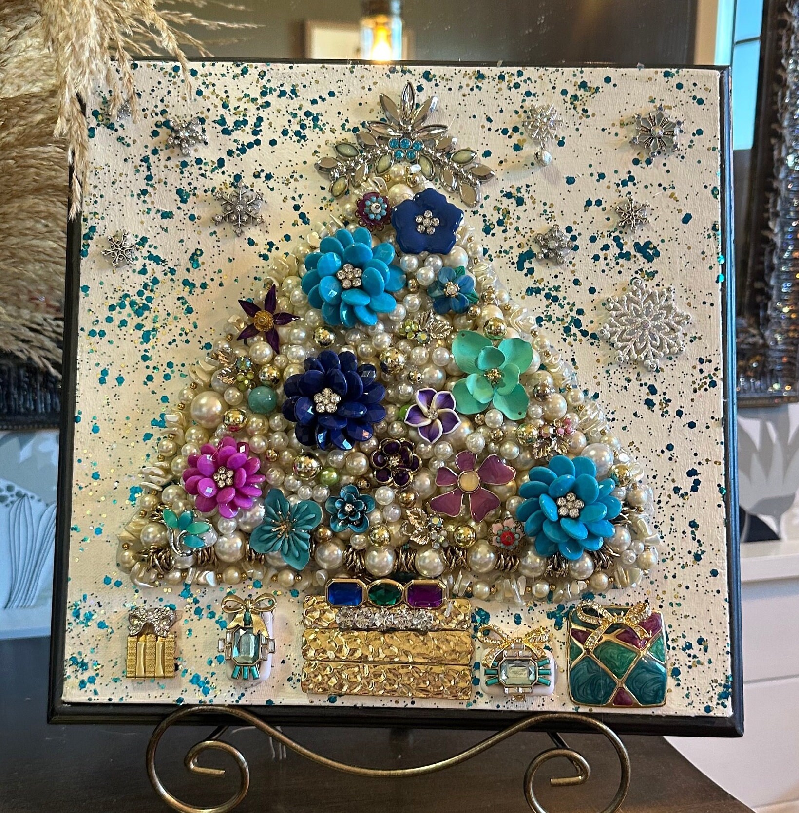 RARE One of a Kind Christmas Tree Art Jewelry Mosaic Floral