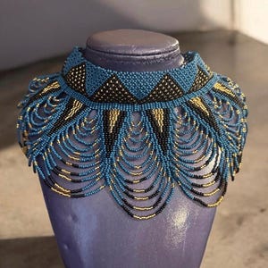 African Zulu Hand Beaded Necklace Blues & Black 14”