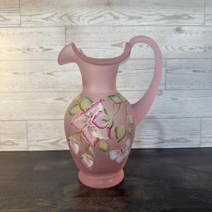 Fenton 2001 Pink Chiffon Floral Satin Ribbed Optic Pitcher