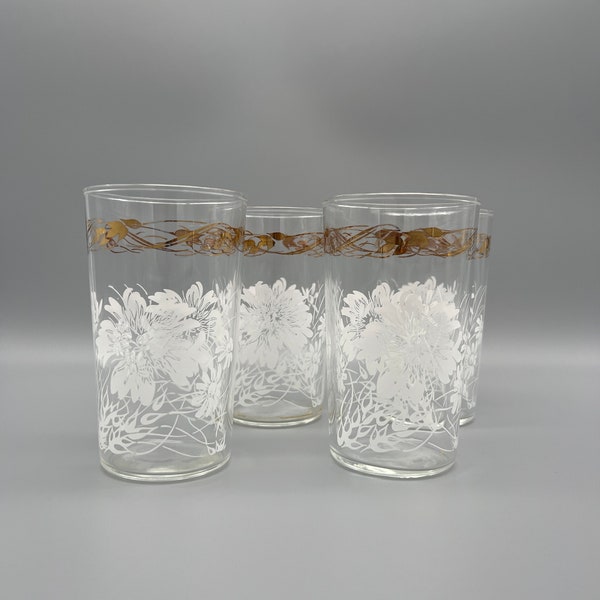 Vintage MCM Retro Bundesglas Gold & Weiß Floral Lowballs Saftglas Wasserglas - 4er Set