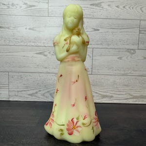 Fenton Burmese {Satin Custard} Glass Girl Holding a Teddy Bear