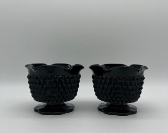 Vintage Tiara Glass Cameo Black Ruffled Edge Single Light Candlestick Holder Pair - Diamond Point - Set of 2