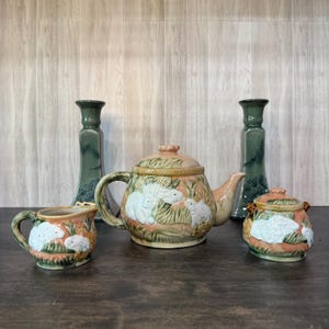 Majolica White Rabbit Tea Set by Henriksen Imports - Teapot, Creamer & Sugar Bowl