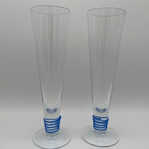Vintage BLOCK Crystal Champagne Toasting Flutes with Blue Twist on Stem (Sasaki Azzuro Blue) - Set of 2