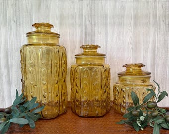 Vintage LE Smith Imperial Honey Amber Atterbury Scroll Glass Canister Set Of 3