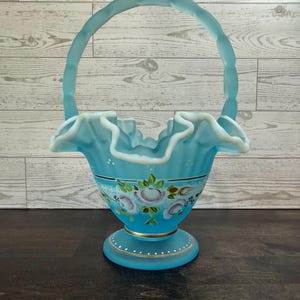 Fenton Charleton Collection 2002 Blue Topaz Satin Glass Basket