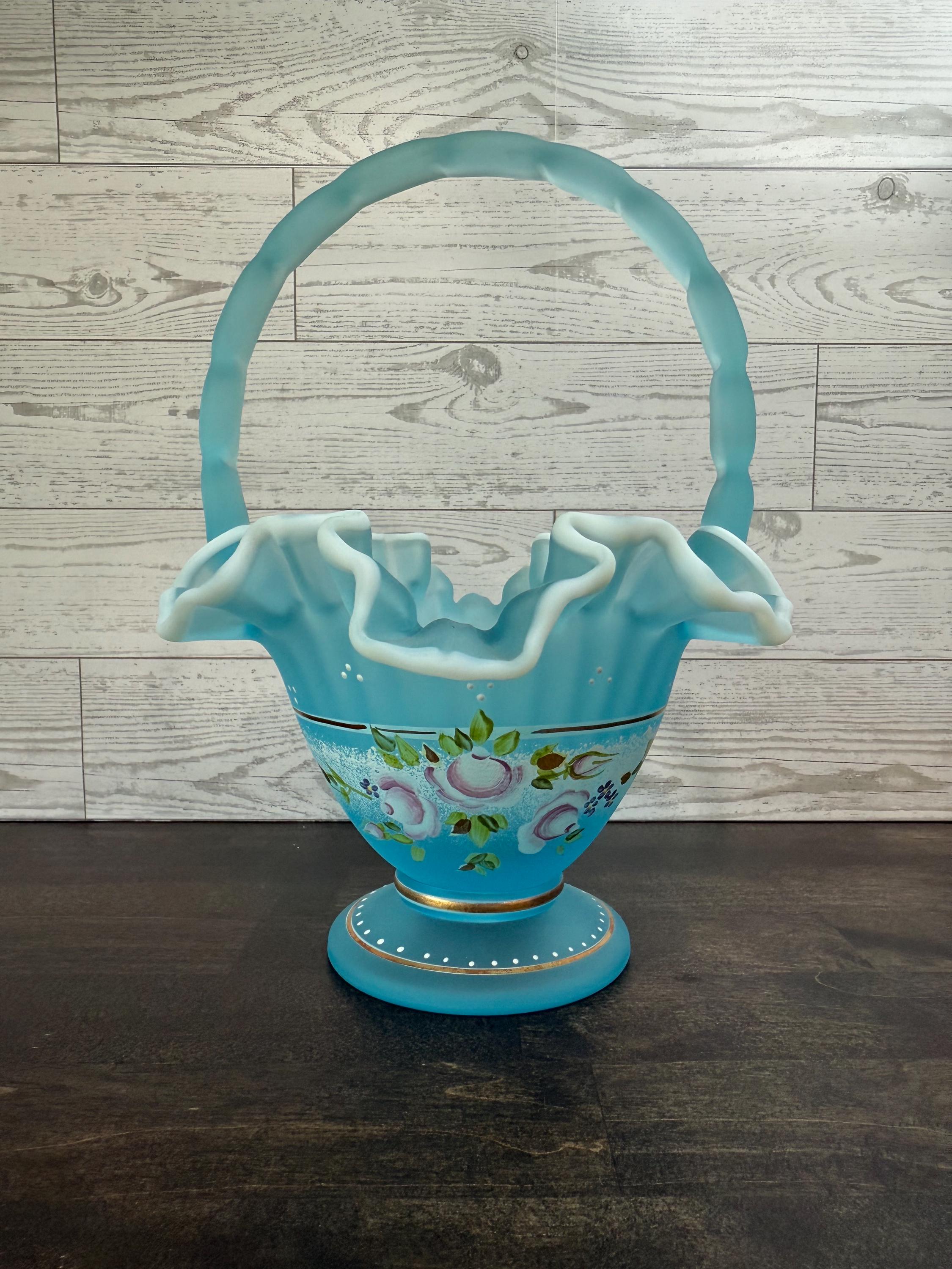 Fenton Charleton Collection 2002 Blue Topaz Satin Glass Basket