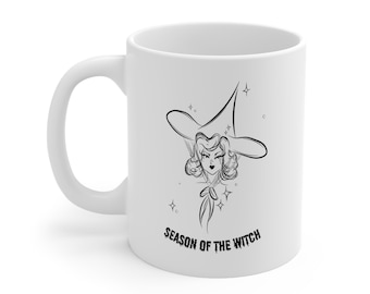 Season of the Witch Halloween Fall Autumn Cozy Ceramic Mug 11oz Witchy Mug Nostalgic Line Art Halloween Spooky Festive Mug