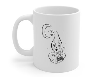 Ghost Reading People Stories Spooky Season Halloween Festive Ceramic Mug 11oz Coffee Nostalgic Line Art Nighttime Crescent Moon Autumn Mug